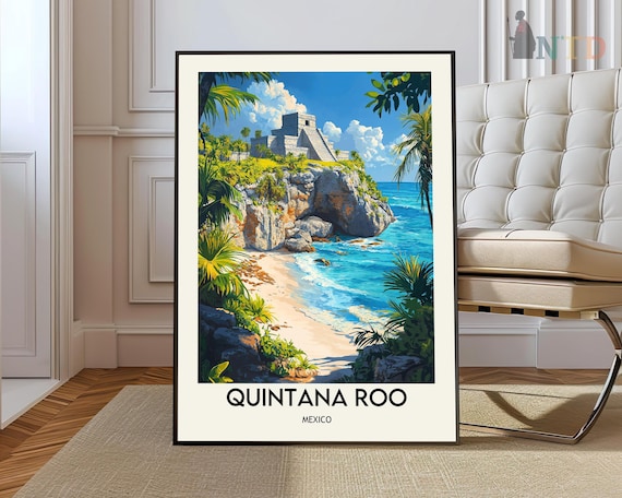 Quintana Roo Mexico Tropical Beach Mayan Ruins Travel Poster