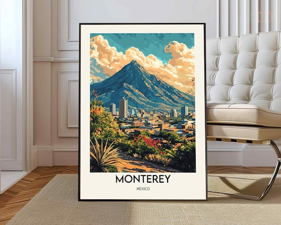 Monterey Mexico Mountain View Hillside Vintage Travel Poster
