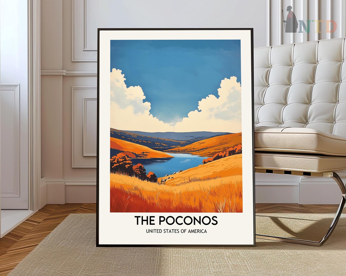 The Poconos Autumn Lake Golden Hills Fall Foliage Travel Poster