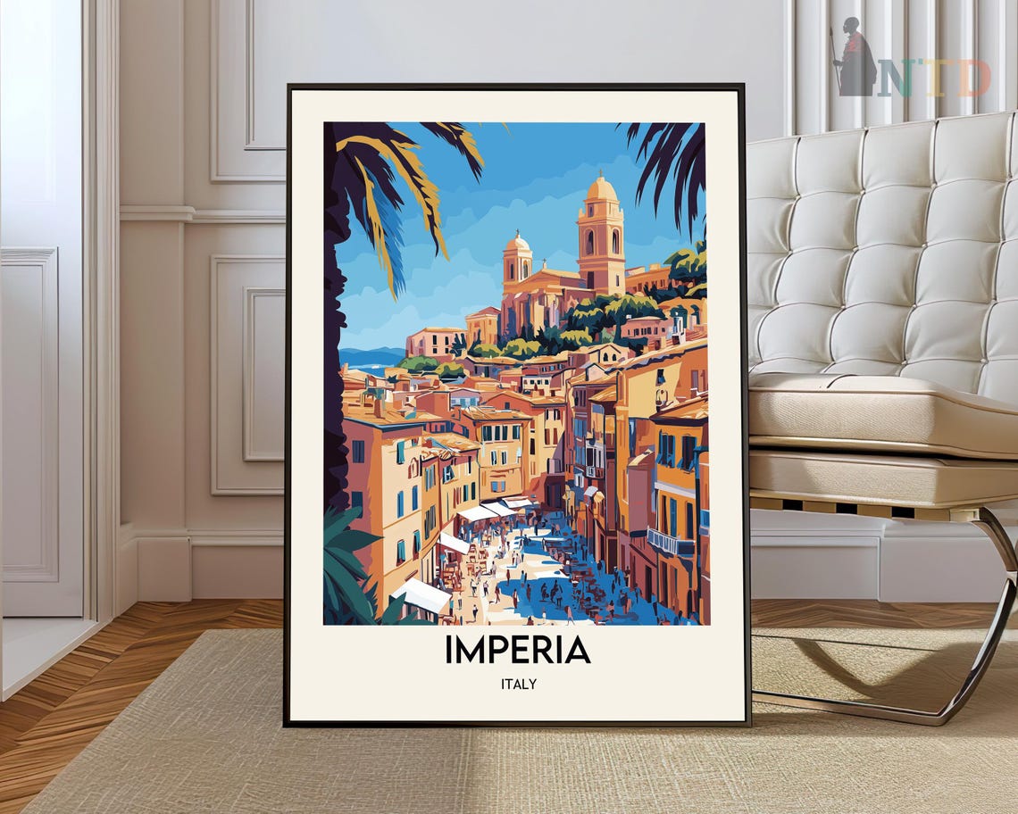 Imperia Italy Hilltop Cathedral Coastal Old Town Sunny Travel Poster
