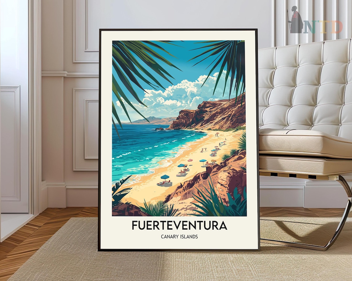 Fuerteventura Sandy Beach with Palm Fronds and Turquoise Water Poster