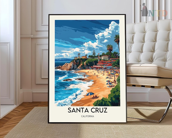Santa Cruz California Beach Surf Colorful Coastal Travel Poster