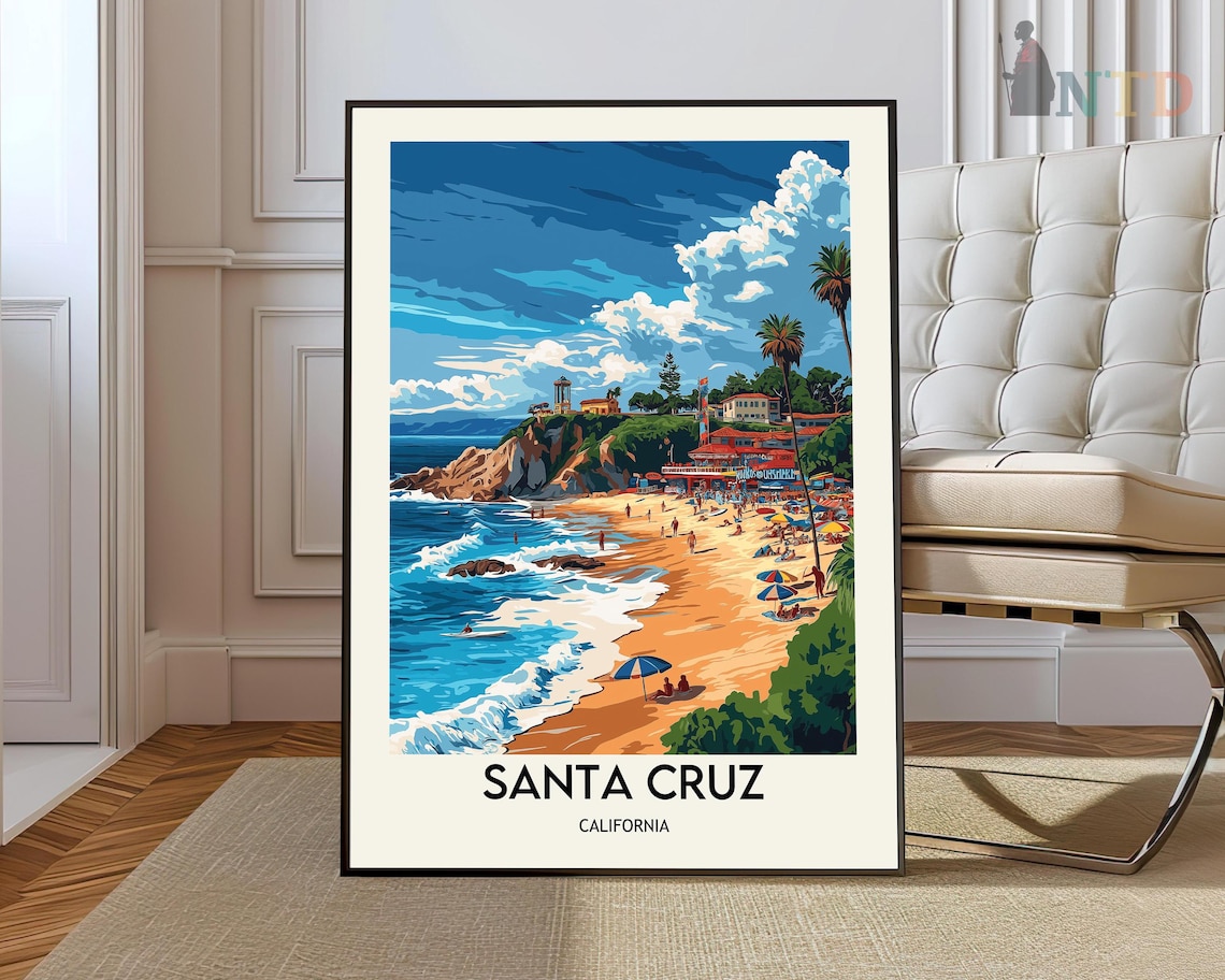 Santa Cruz California Beach Surf Colorful Coastal Travel Poster