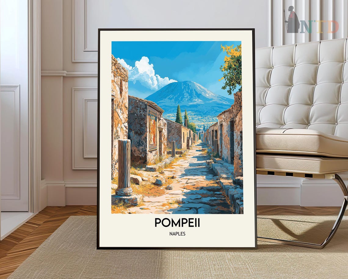 Pompeii Naples Ruins Column Street Vesuvius Blue Sky Travel Poster