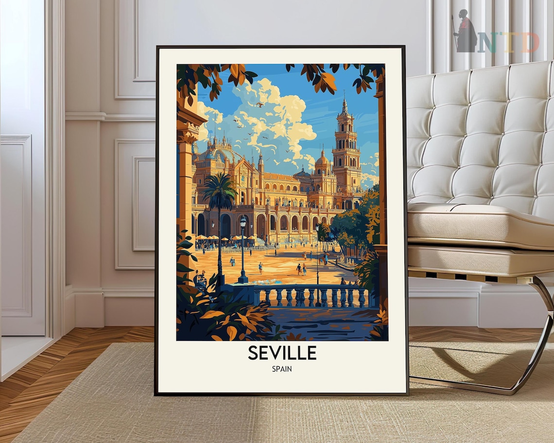 Seville Spain Plaza De España Golden Sunlit City Travel Poster