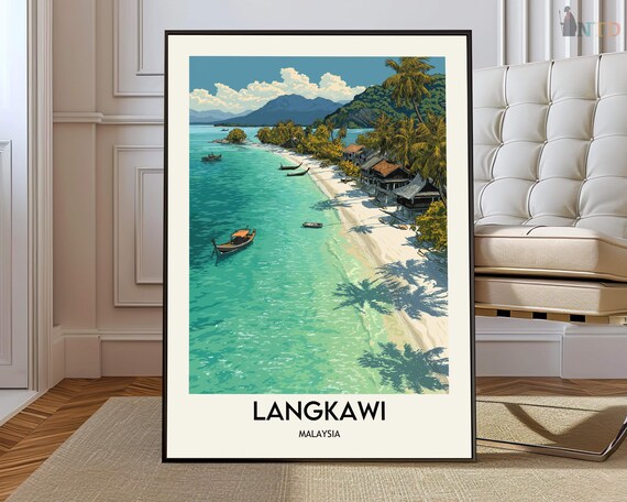 Langkawi Malaysia Aerial Turquoise Coastline Boats Travel Poster