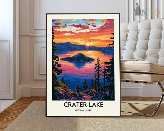 Crater Lake National Park Wizard Island Sunset Travel Poster