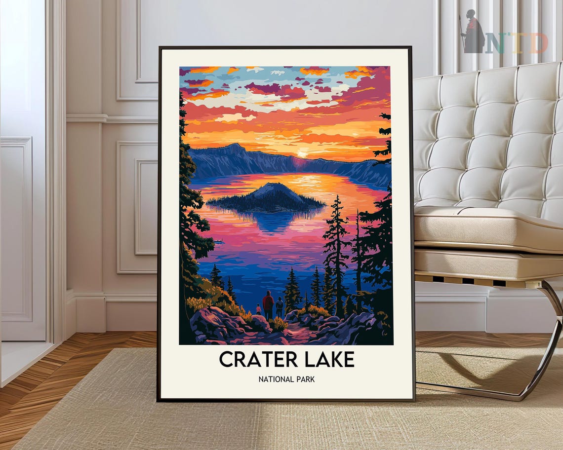 Crater Lake National Park Wizard Island Sunset Travel Poster