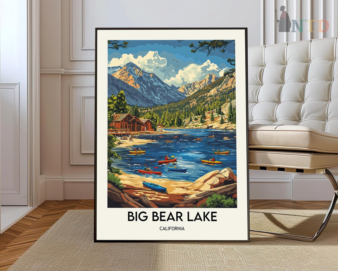 Big Bear Lake California Kayaking Mountains Cabin Travel Poster