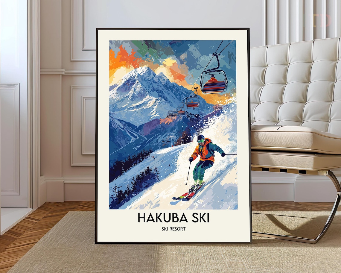 Hakuba Japan Chairlift Skiers Sunset Peaks Retro Travel Poster
