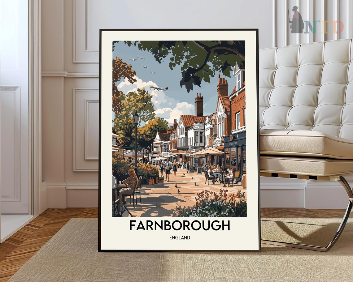 Farnborough England Charming High Street Cafes Retro Travel Poster