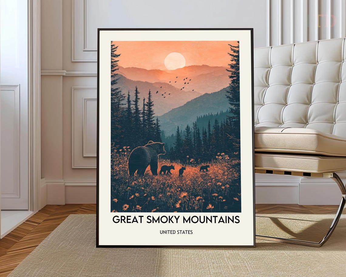Great Smoky Mountains Sunset Bear Family Meadow Travel Poster