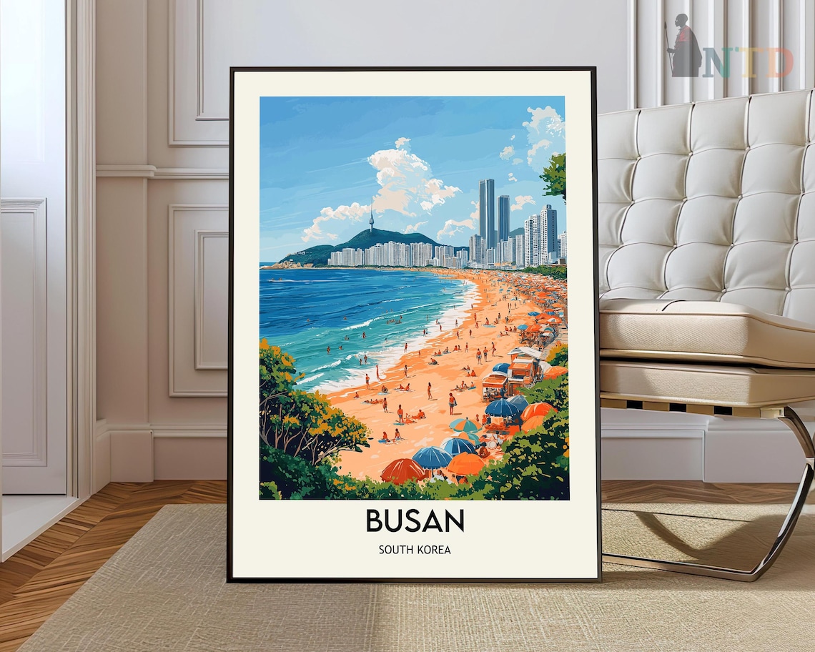 Busan South Korea Beach City Skyline Vintage Retro Travel Poster