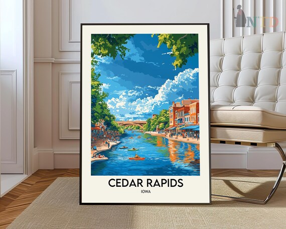 Cedar Rapids Iowa Riverfront Kayaks Bridge Vintage Travel Poster