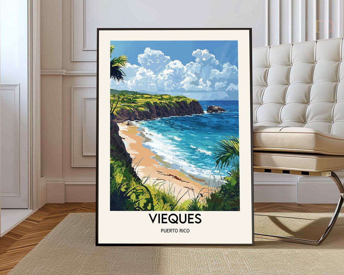 Vieques Puerto Rico Tropical Cove Beach Vintage Travel Poster