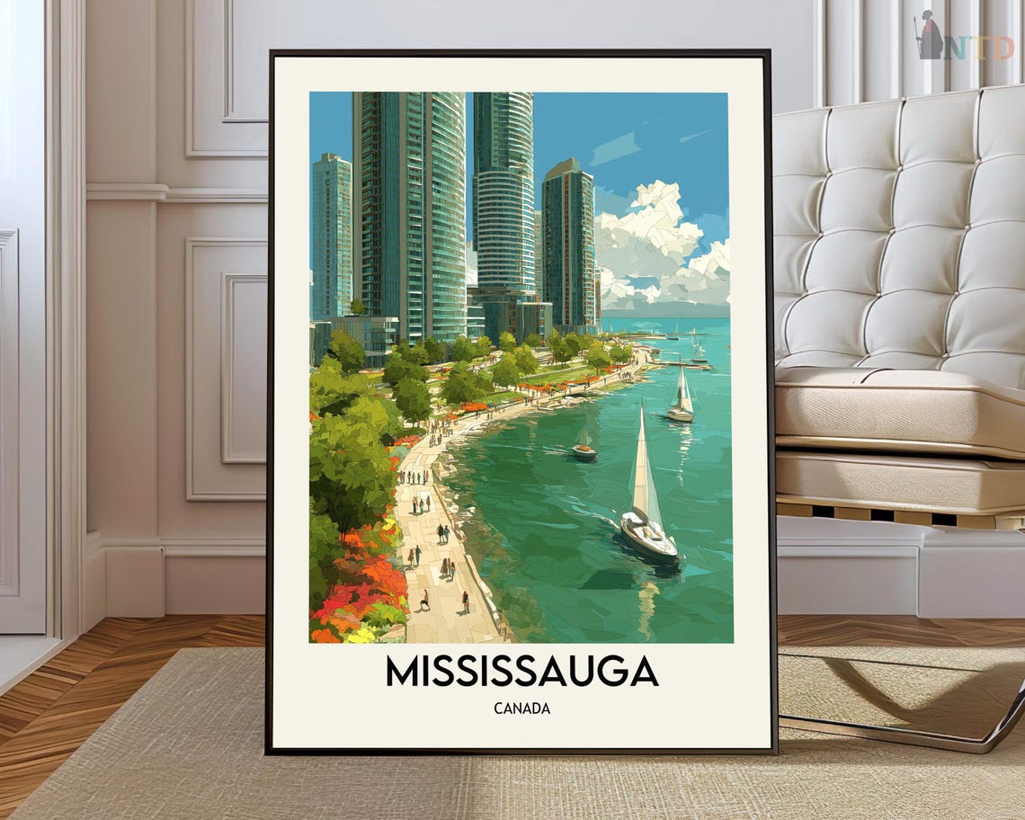Mississauga Canada Waterfront Illustrated Vintage Travel Poster