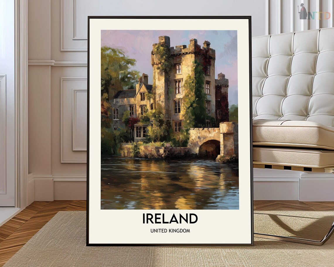Ireland Riverside Stone Castle Sunset Illustrated Travel Poster