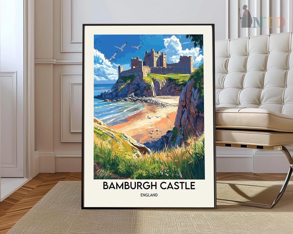 Bamburgh Castle England Clifftop Fortress Sandy Beach Coastal Poster