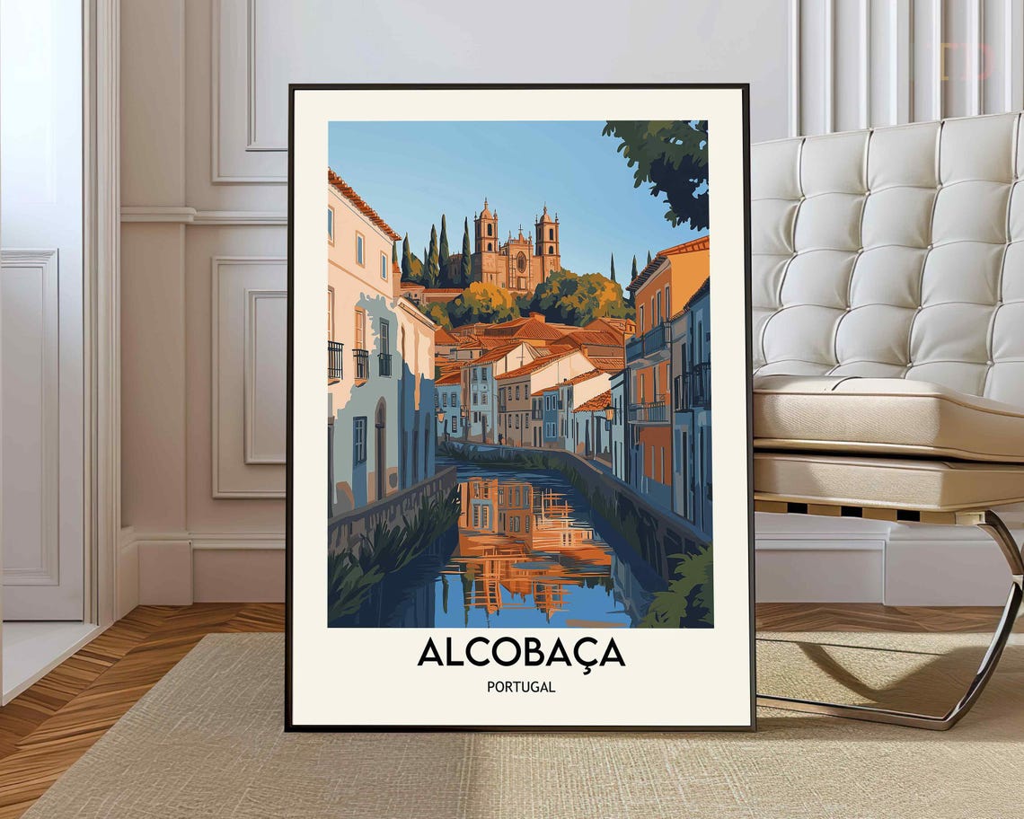 Alcobaca Portugal Riverside Monastery Vintage Style Travel Poster