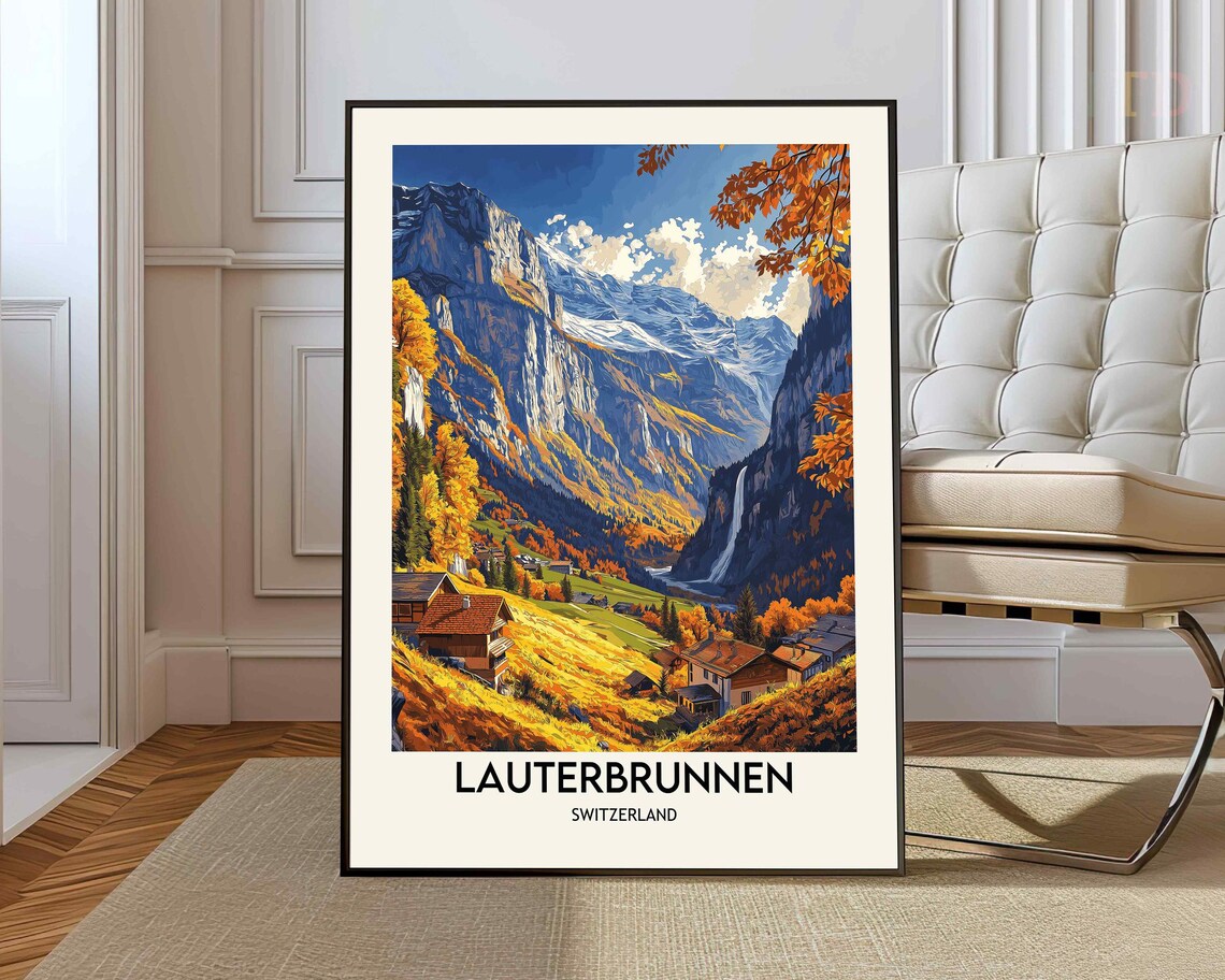 Lauterbrunnen Switzerland Waterfall Village Autumn Peaks Travel Poster