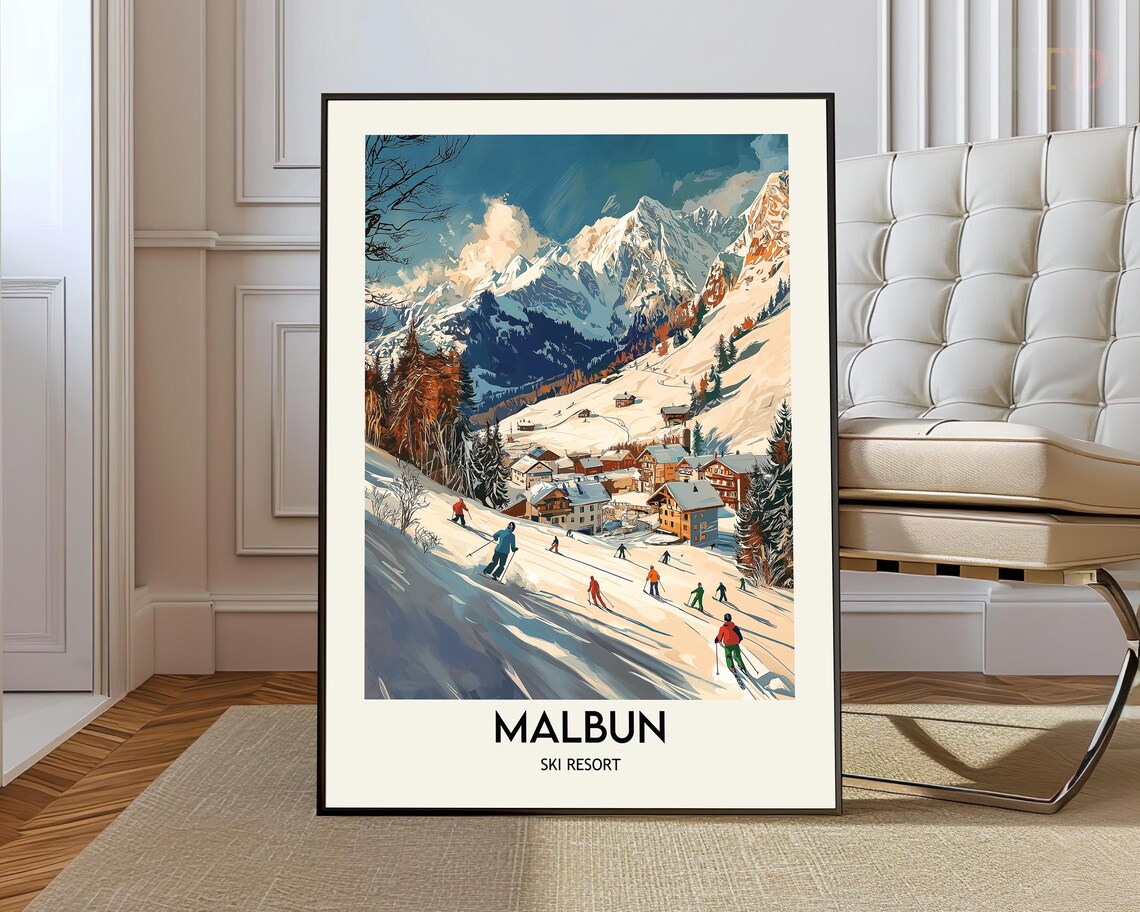 Malbun Ski Resort Skiers Descending to Village Travel Poster