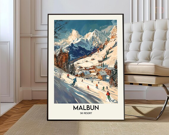 Malbun Ski Resort Skiers Descending to Village Travel Poster