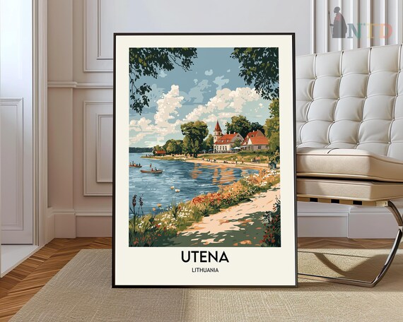 Utena Lithuania Lakeside Church Summer Day Scene Travel Poster