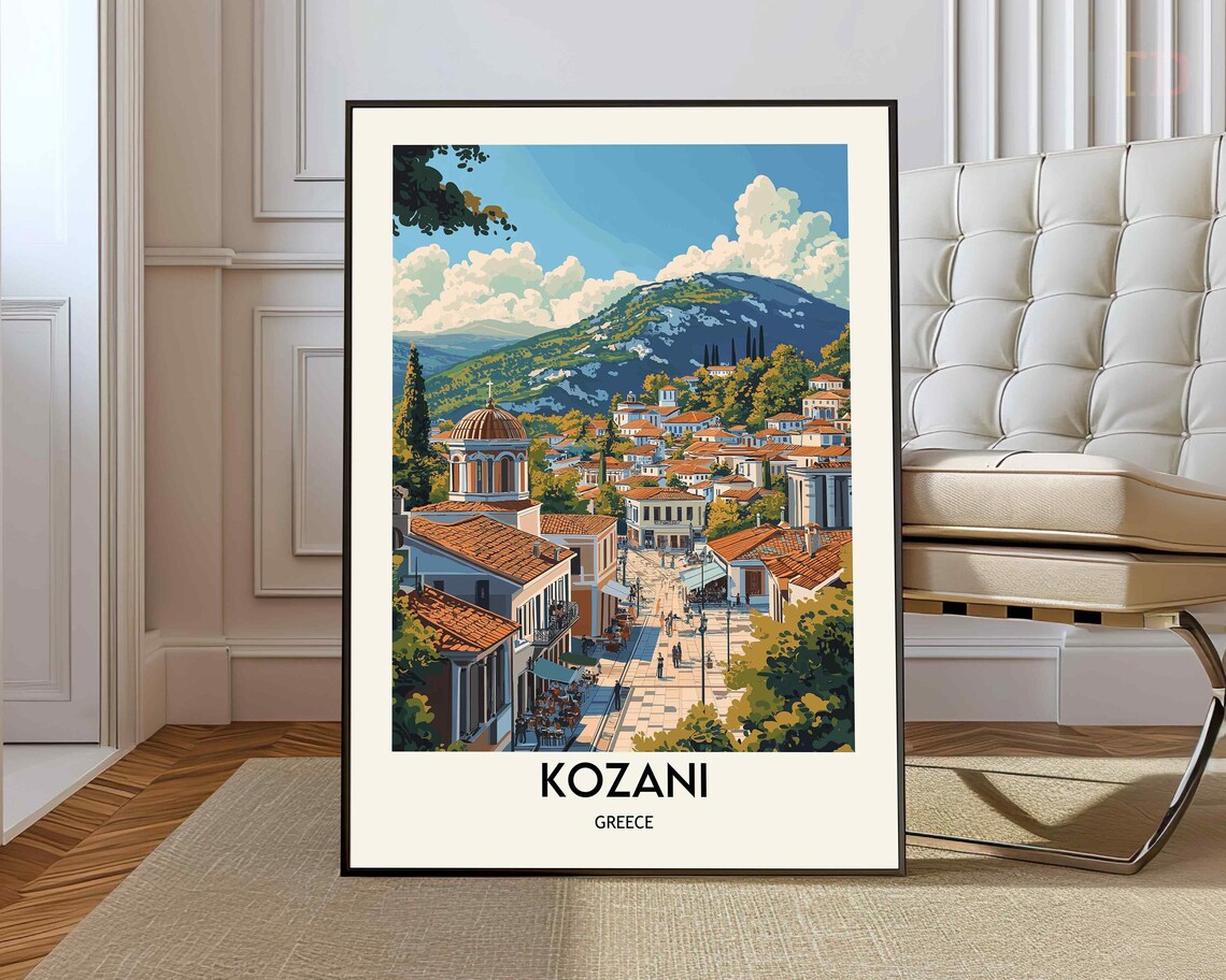 Kozani Greece Hillside Old Town Mountain Vintage Travel Poster