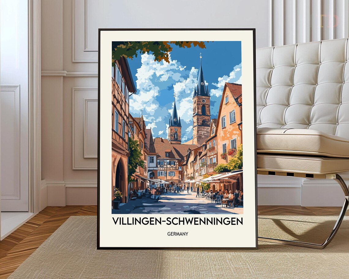 Villingen-Schwenningen Germany Old Town Twin Towers Retro Travel Poster