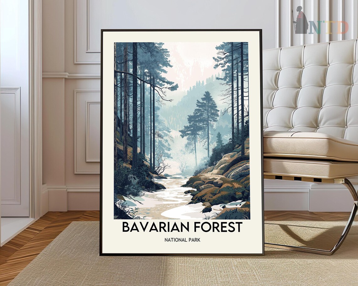 Bavarian Forest National Park Illustrated River Pines Travel Poster