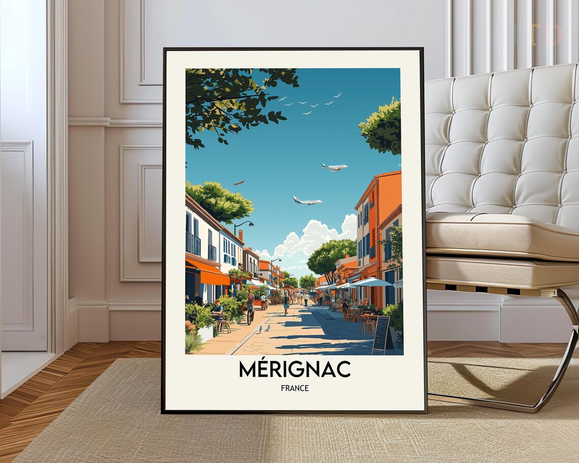 Merignac France Shopping Street Chalkboards Cafe Travel Poster