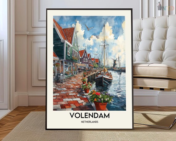Volendam Netherlands Watercolor Harbor Travel Poster With Flower Pots