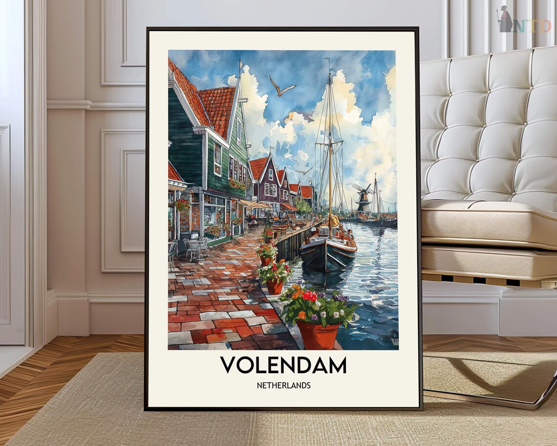 Volendam Netherlands Watercolor Harbor Travel Poster With Flower Pots
