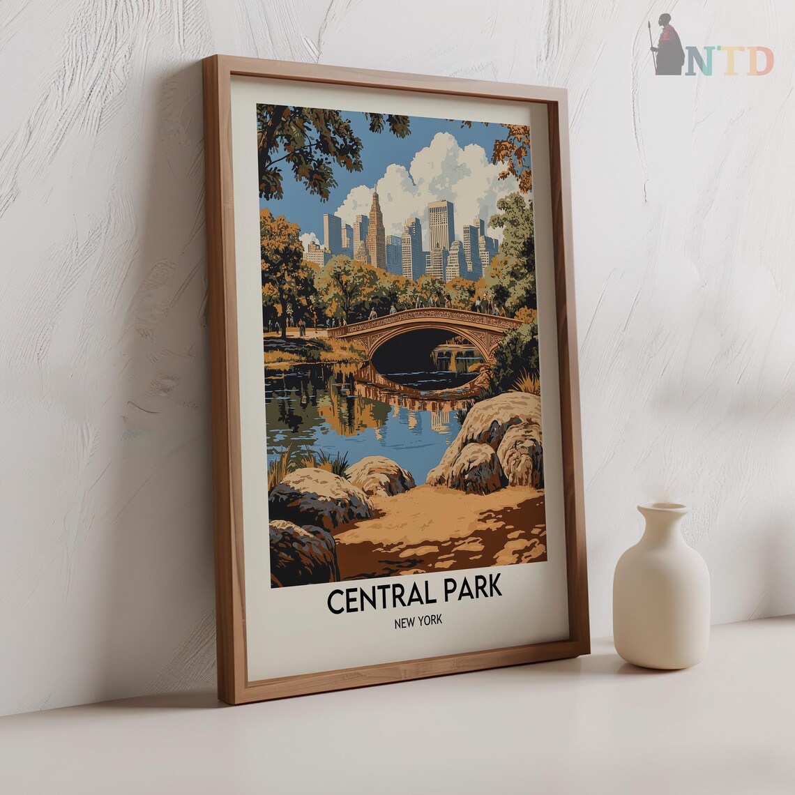 Central Park Bow Bridge Over the Lake Skyline Vintage Travel Poster - Image 2