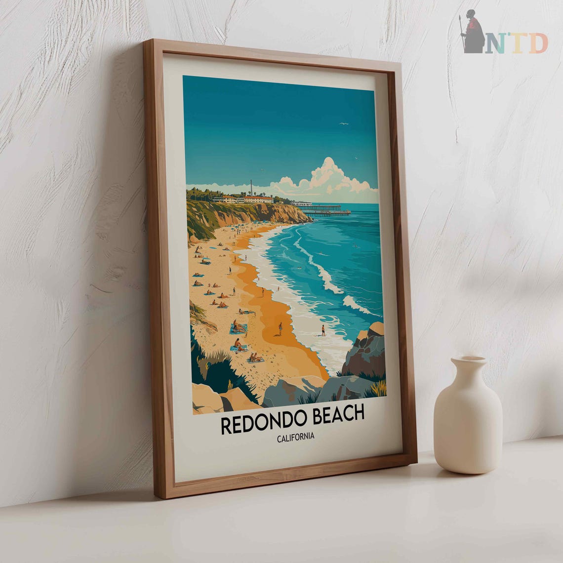 Redondo Beach California Crowded Beach And Pier Under Cliffs Poster - Image 2