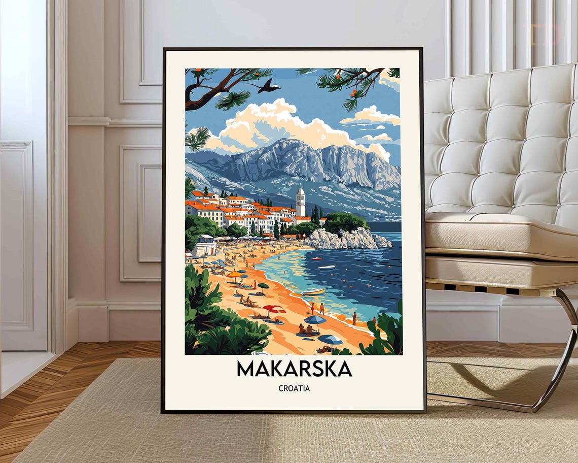 Makarska Croatia Beach Vintage Travel Poster Mountain Coast View