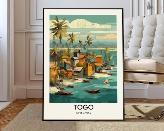 Togo West Africa Travel Poster With Fishing Village Boats And Palm Trees