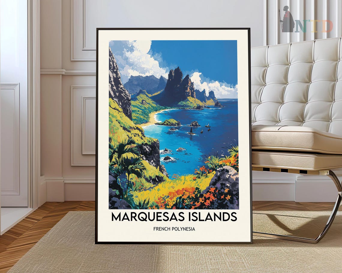 Marquesas Islands French Polynesia Cliffs Bay Travel Poster Art