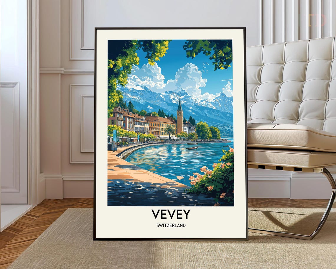 Vevey Switzerland Lakeside Promenade Mountain Lake Travel Poster