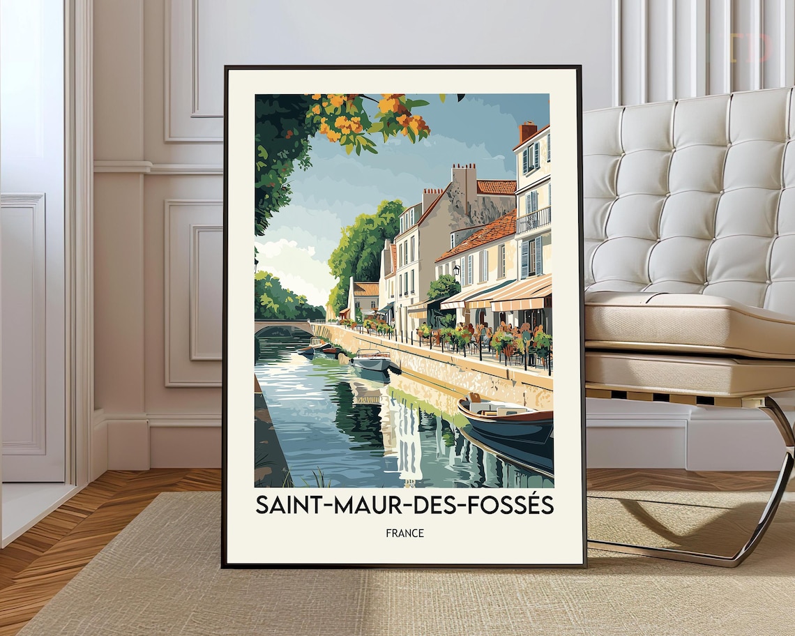 Saint Maur Des Fosses France Travel Poster Canal Boats Old Town Scene