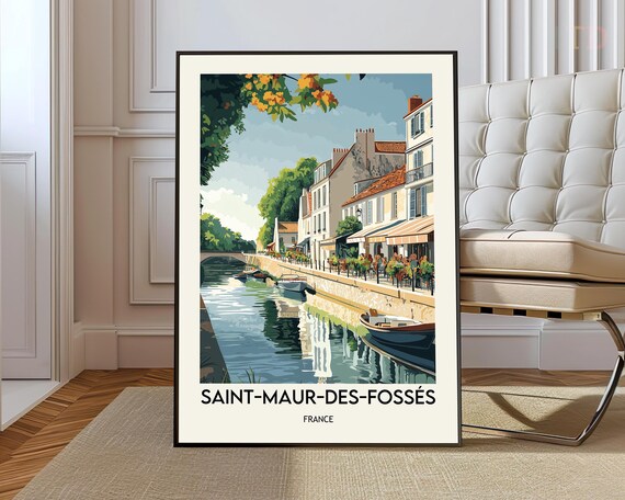 Saint Maur Des Fosses France Travel Poster Canal Boats Old Town Scene