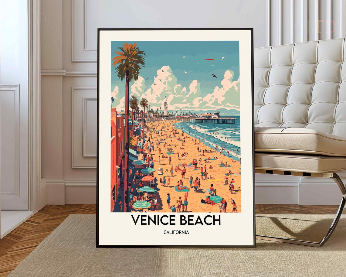 Venice Beach California Boardwalk Pier Crowd Vintage Travel Poster
