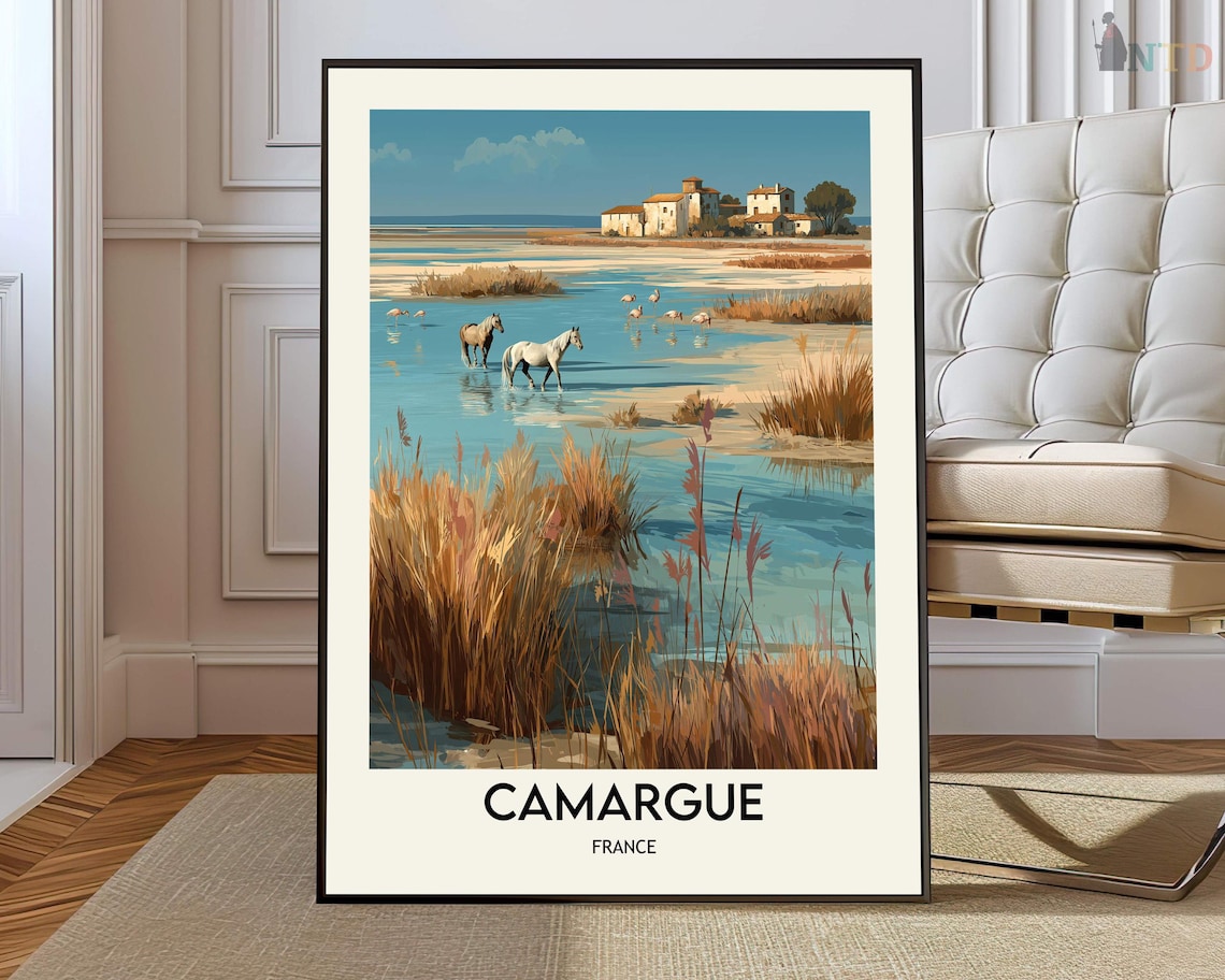Camargue France White Horses Wading Through Golden Wetlands Poster
