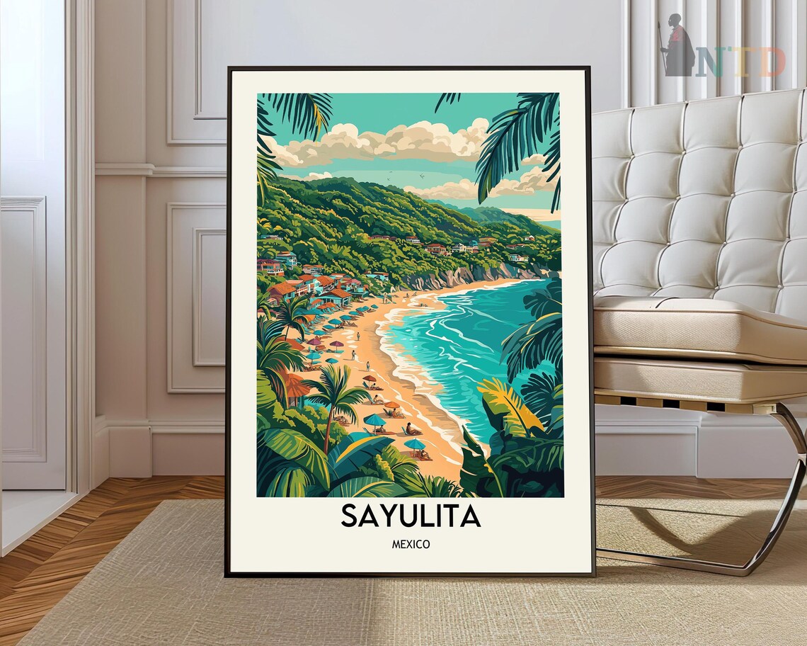 Sayulita Mexico Tropical Beach Town Travel Illustration Poster