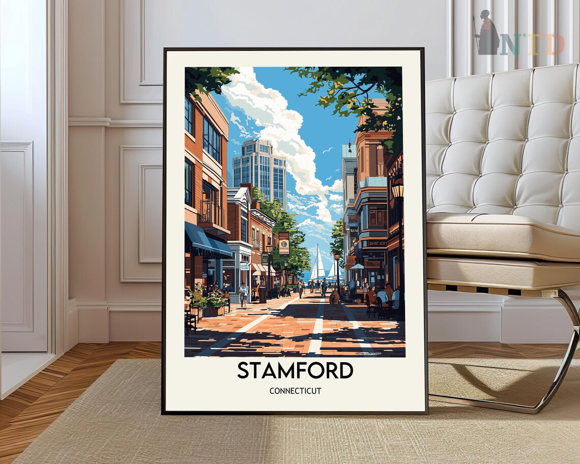 Stamford Connecticut Downtown Brick Street Summer Travel Poster