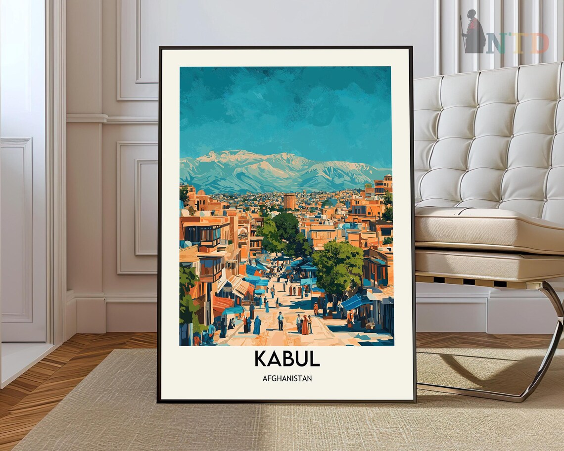 Kabul Afghanistan Bustling Market Street Mountain Travel Poster