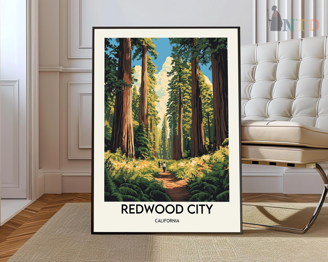 Redwood City California Giant Redwood Forest Path Travel Poster