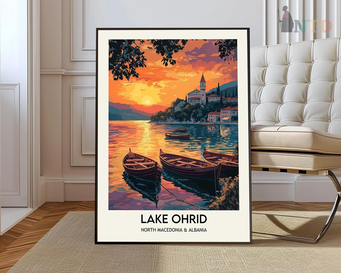 Lake Ohrid Sunset With Wooden Boats North Macedonia Travel Poster