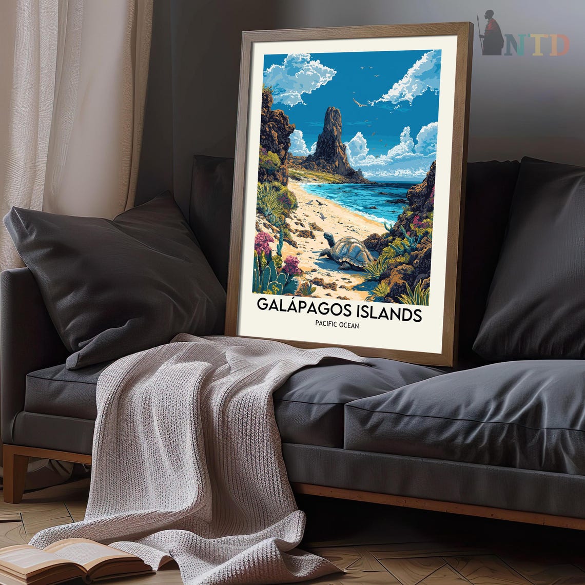 Galapagos Islands Giant Tortoise on a Beach with Pinnacle Rock Poster - Image 3