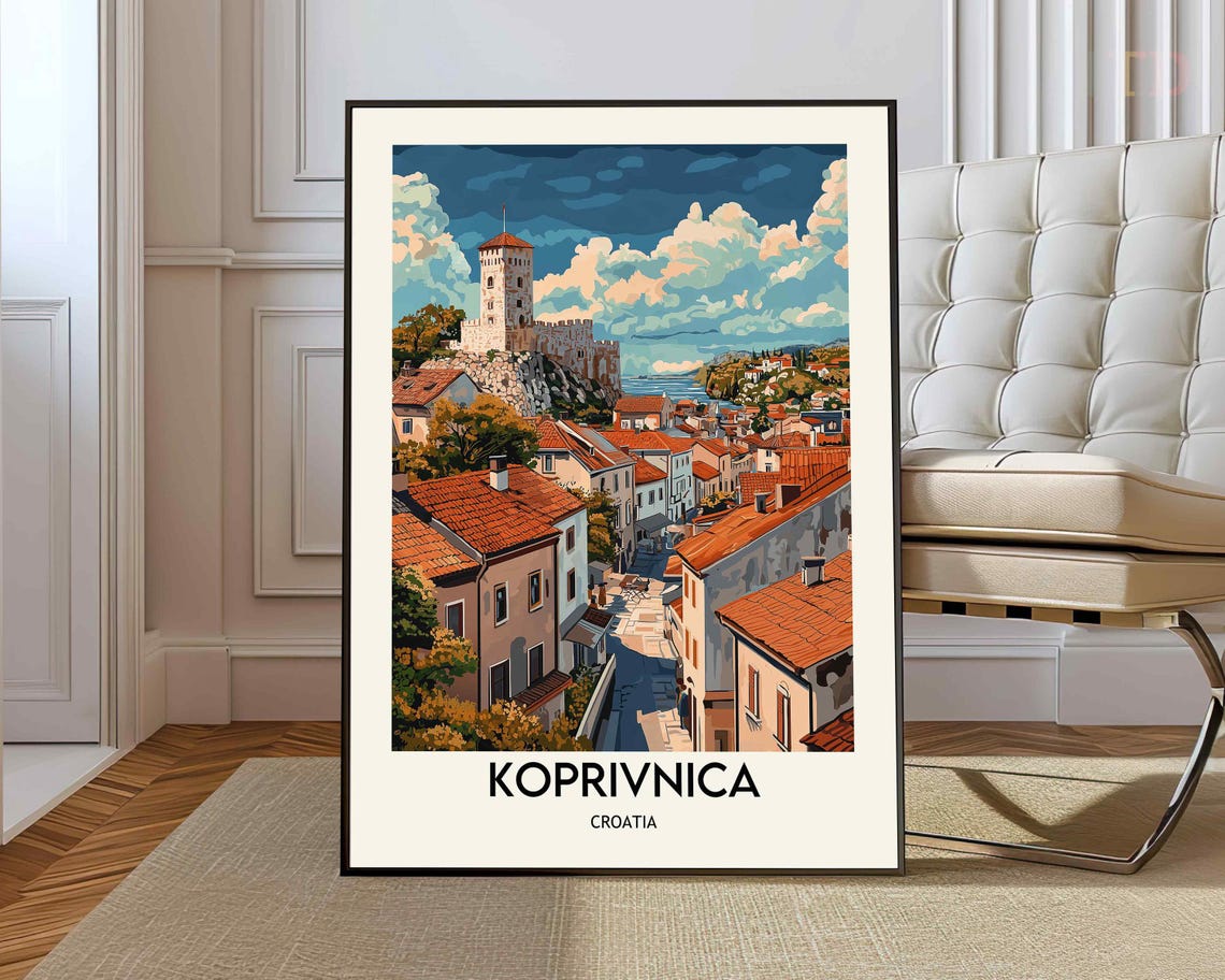 Koprivnica Croatia Hilltop Castle Red Roofs Retro Travel Poster
